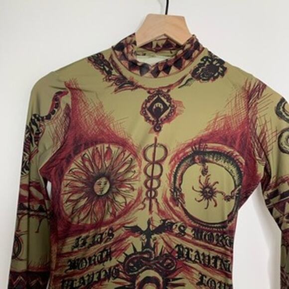 Marine Serre Green Geotic Tattoo Turtleneck Longsleeve Top Womens Medium - Picture 5 of 12